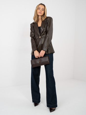 Czekoladowa skórzana marynarka z zapięciem na guzik RUE PARIS 