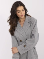 White-dark gray double-breasted coat with pockets.