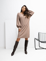 Ciemnobeżowa sukienka z bufiastym rękawem RUE PARIS 