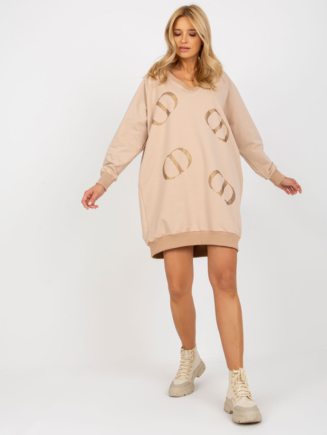 Hurt Beżowa długa bluza one size z aplikacją z dżetów 