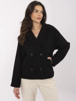 Black short coat with double-breasted fastening.
