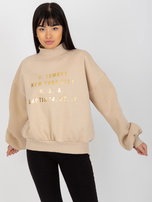 Hurtownia Beżowa dresowa bluza z nadrukiem i golfem