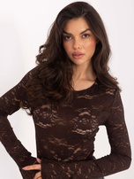 Czekoladowe koronkowe body z rękawem typu dzwon