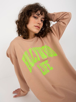 Hurt Beżowo-zielona długa bluza oversize z napisem