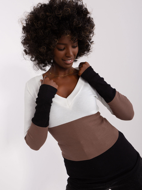 Hurt Ecru-czarna damska bluzka basic z dekoltem V