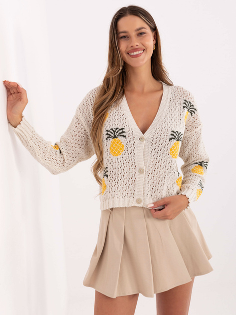 Ecru-żółty rozpinany sweter w ananasy RUE PARIS