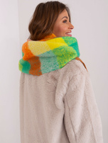 Hurt Zielono-pomarańczowy ciepły szal z kolorowymi frędzlami