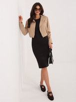 Ciemnobeżowa krótka marynarka z broszką