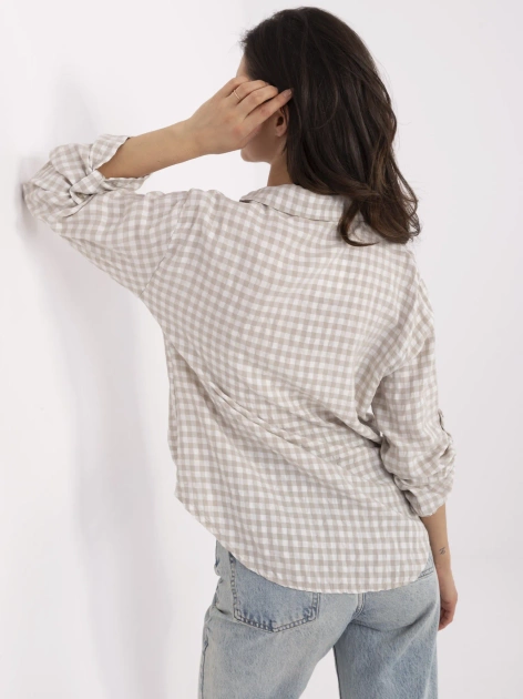 Hurt Beżowo-biała rozpinana koszula damska w kratę