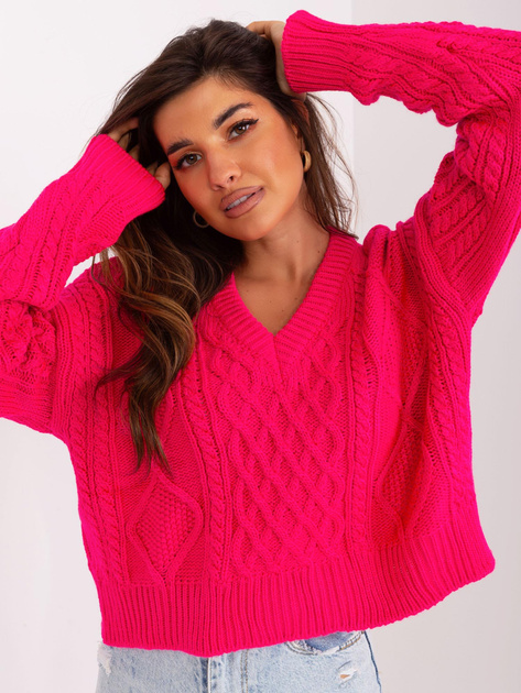 Hurtownia Fuksjowy krótki sweter z warkoczami