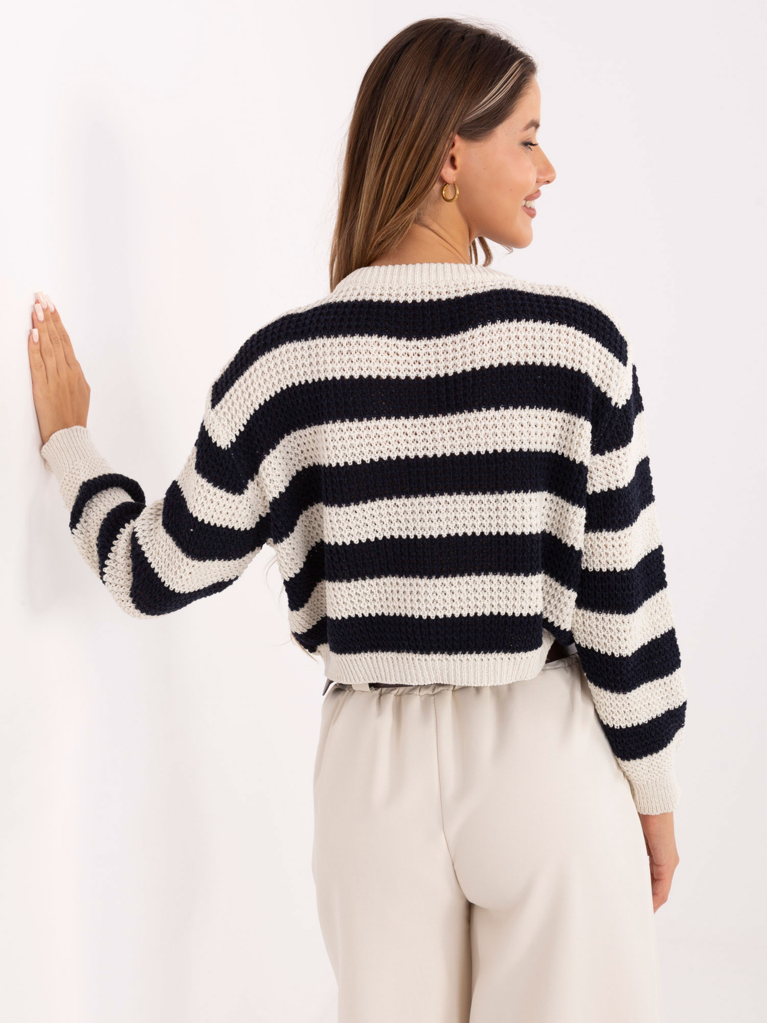 Ecru-navy elegant striped sweater RUE PARIS.