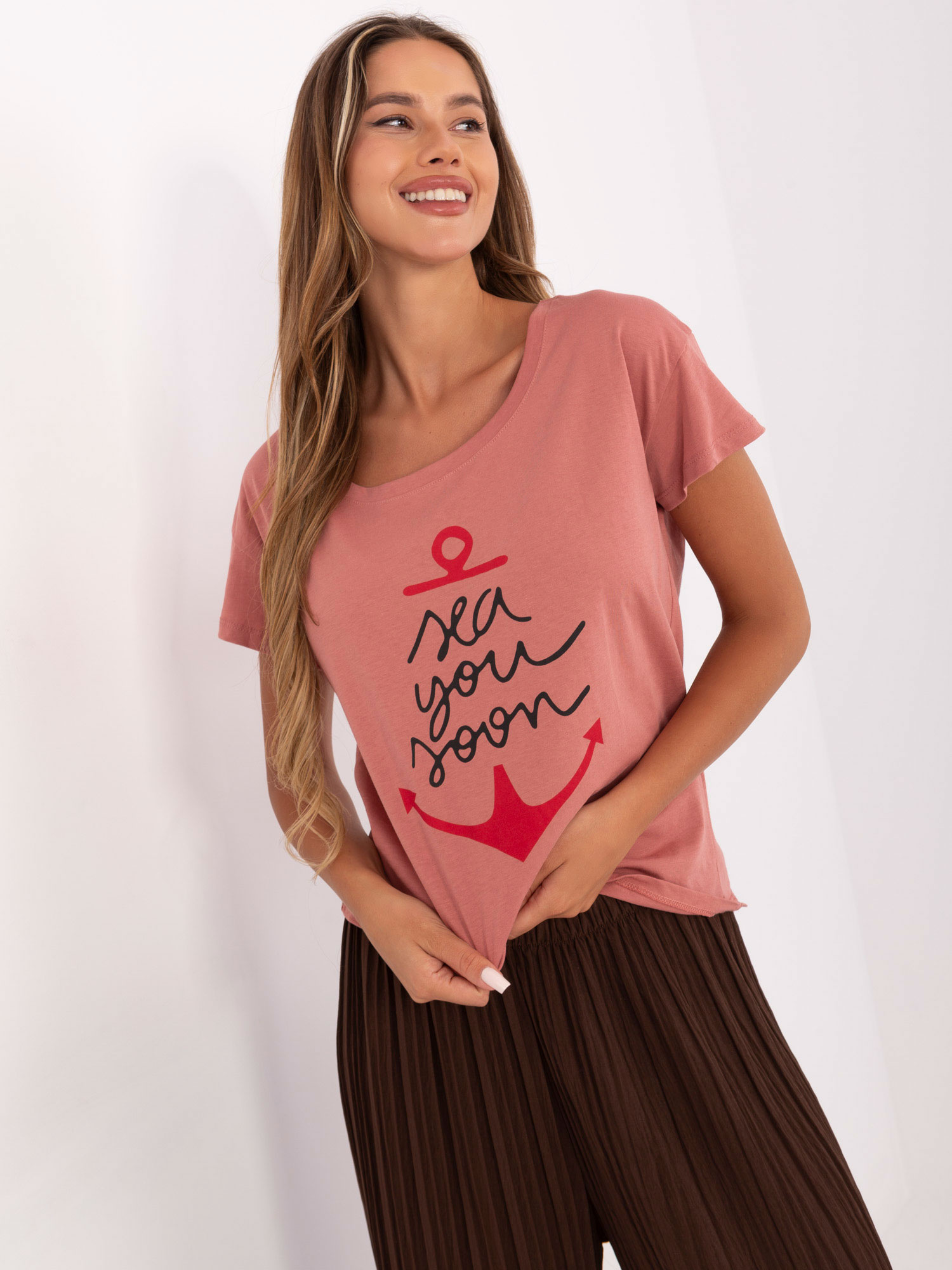Brudnoróżowy damski t-shirt z bawełny Silva