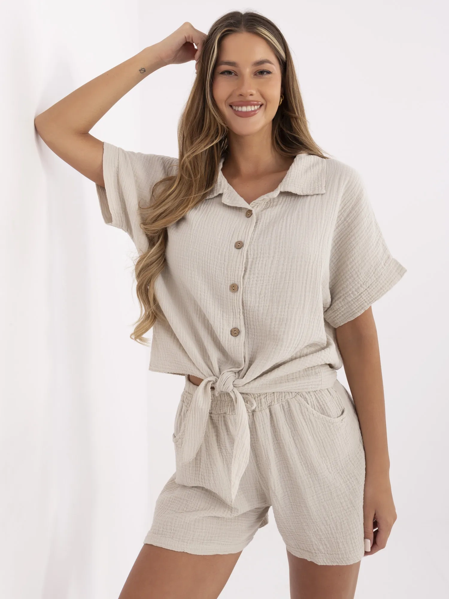 Beige muslin shirt for summer.
