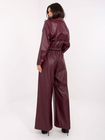 Burgundowe skórzane spodnie z paskiem RUE PARIS