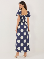 Navy flared off-the-shoulder dress.