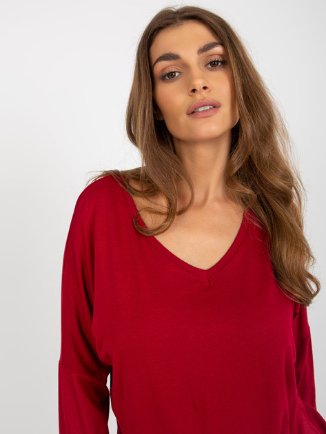 Hurt Bordowa damska bluzka basic z rękawem 3/4
