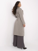 Beige-dark gray single-breasted coat with pockets.