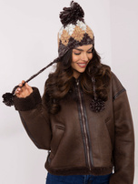 Hurt Brązowa damska czapka uszatka w romby