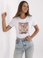 Biało-beżowy damski t-shirt z nadrukiem 