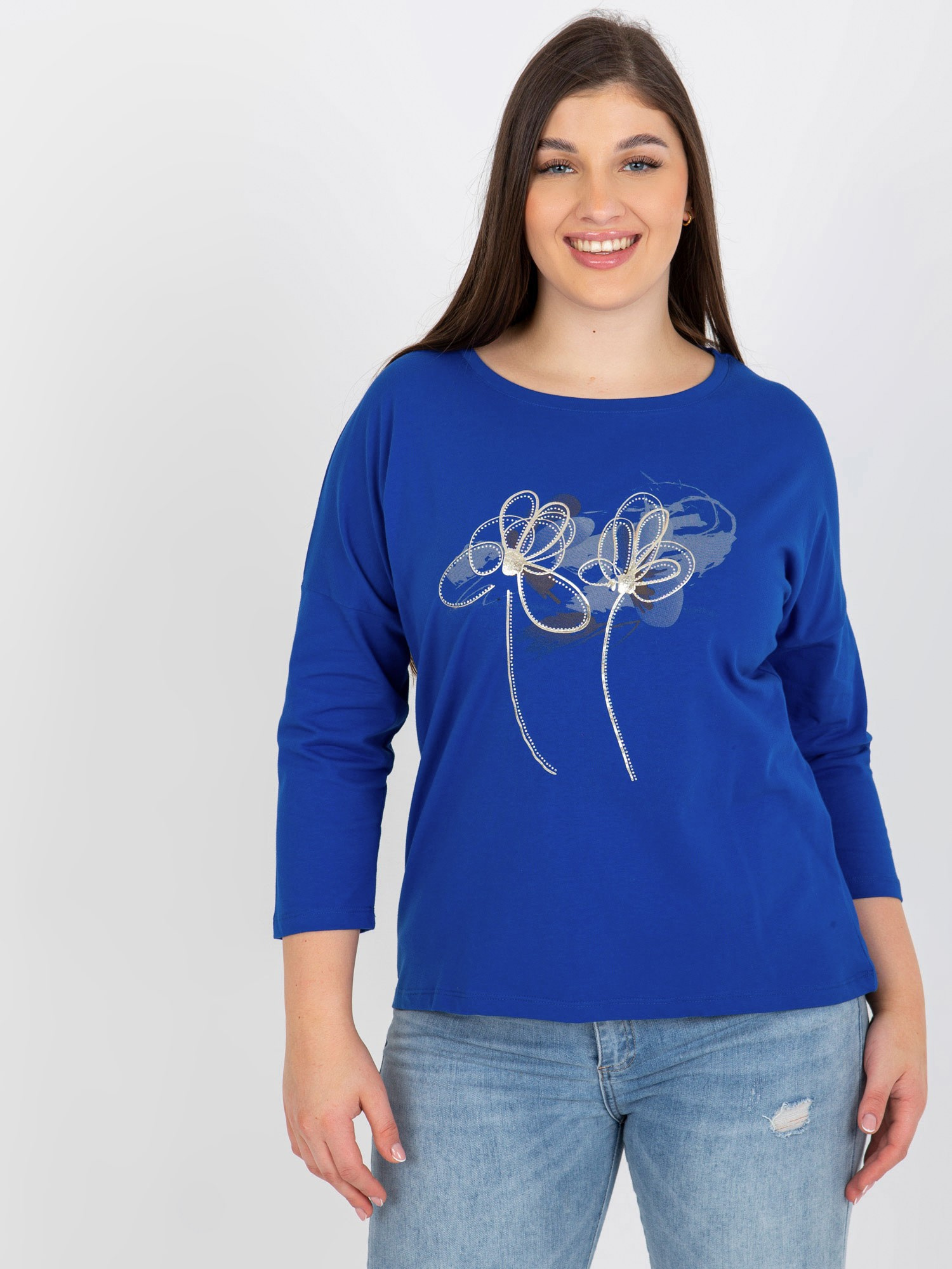Ciemnoniebieska bluzka plus size z printem i dżetami