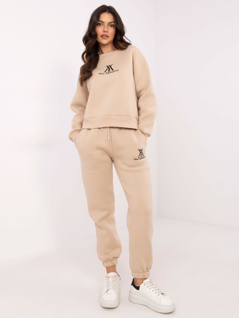 Hurt Beżowy ocieplany komplet dresowy z haftem