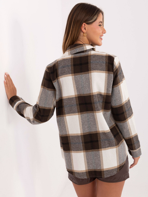 Ecru-brązowa koszula w kratę z kołnierzykiem RUE PARIS