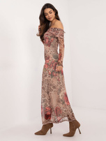 Hurt Beżowa siateczkowa sukienka hiszpanka z printem