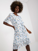 White midi dress with floral pattern and flounces
