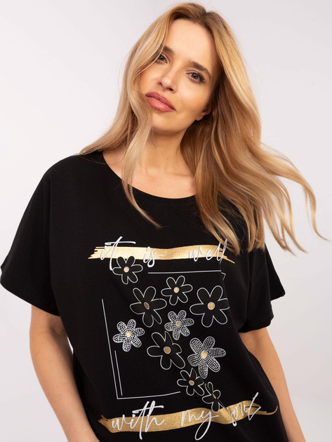 Hurt Czarny damski t-shirt oversize z aplikacjami