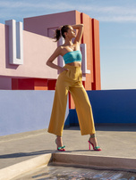 Hurtownia Ciemnożółte szerokie spodnie z materiału z wysokim stanem