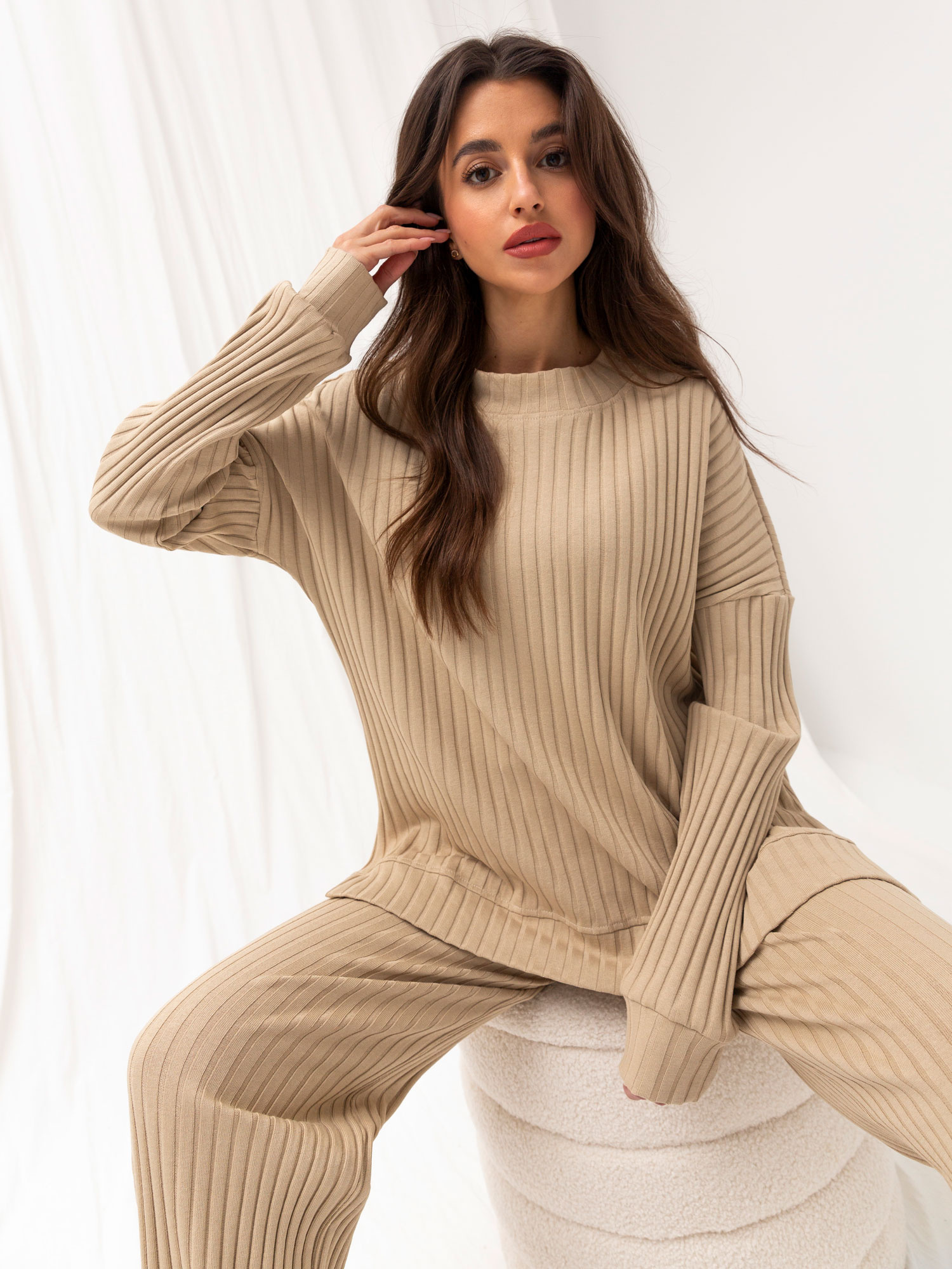 Beige Damen Casual-Set mit Streifen