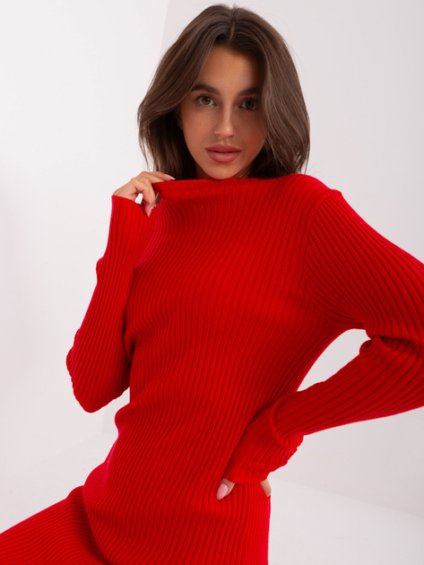 Hurt Czerwona prążkowana sukienka dzianinowa do kolana