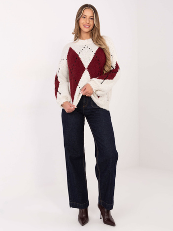 Ecru-bordowy sweter oversize z wełną