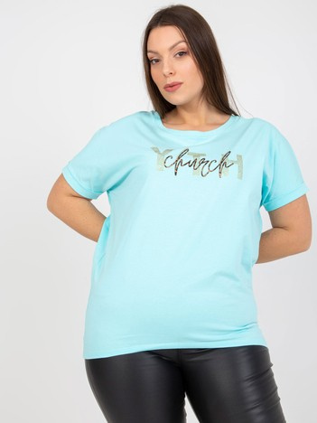 Miętowy t-shirt plus size z dekoltem na plecach