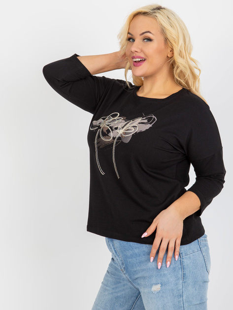 Hurt Czarna bluzka plus size z aplikacją i nadrukiem
