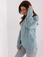 Hurt Miętowy sweter z warkoczami i okrągłym dekoltem