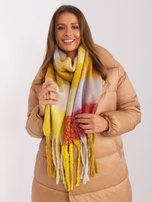 Hurt Żółto-bordowy szal zimowy z frędzlami w kratę