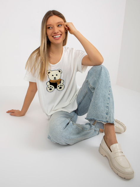 Hurtownia Ecru damska bluzka oversize z misiem w prążek