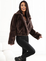 Brown short fur jacket with an elastic at the bottom.