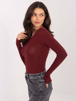Bordowa krótka bluzka basic z długim rękawem 