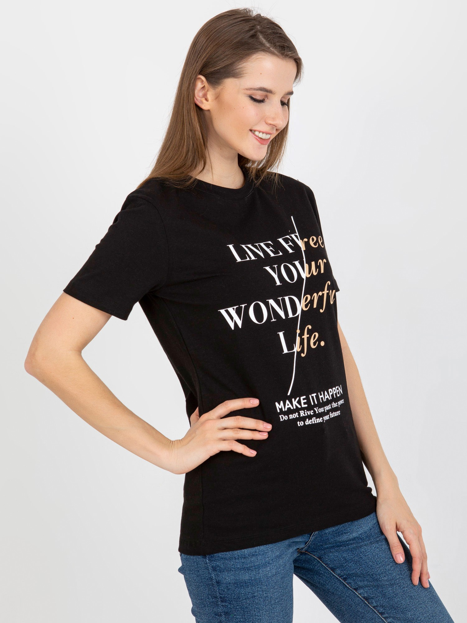 Hurt Czarny damski t-shirt z napisami i okrągłym dekoltem