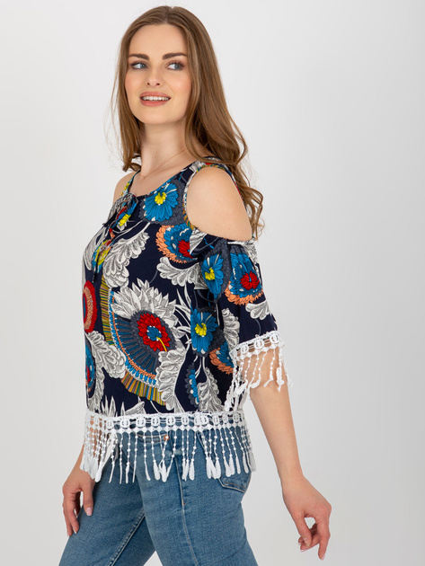 Hurt Granatowa letnia bluzka z nadrukiem i frędzlami