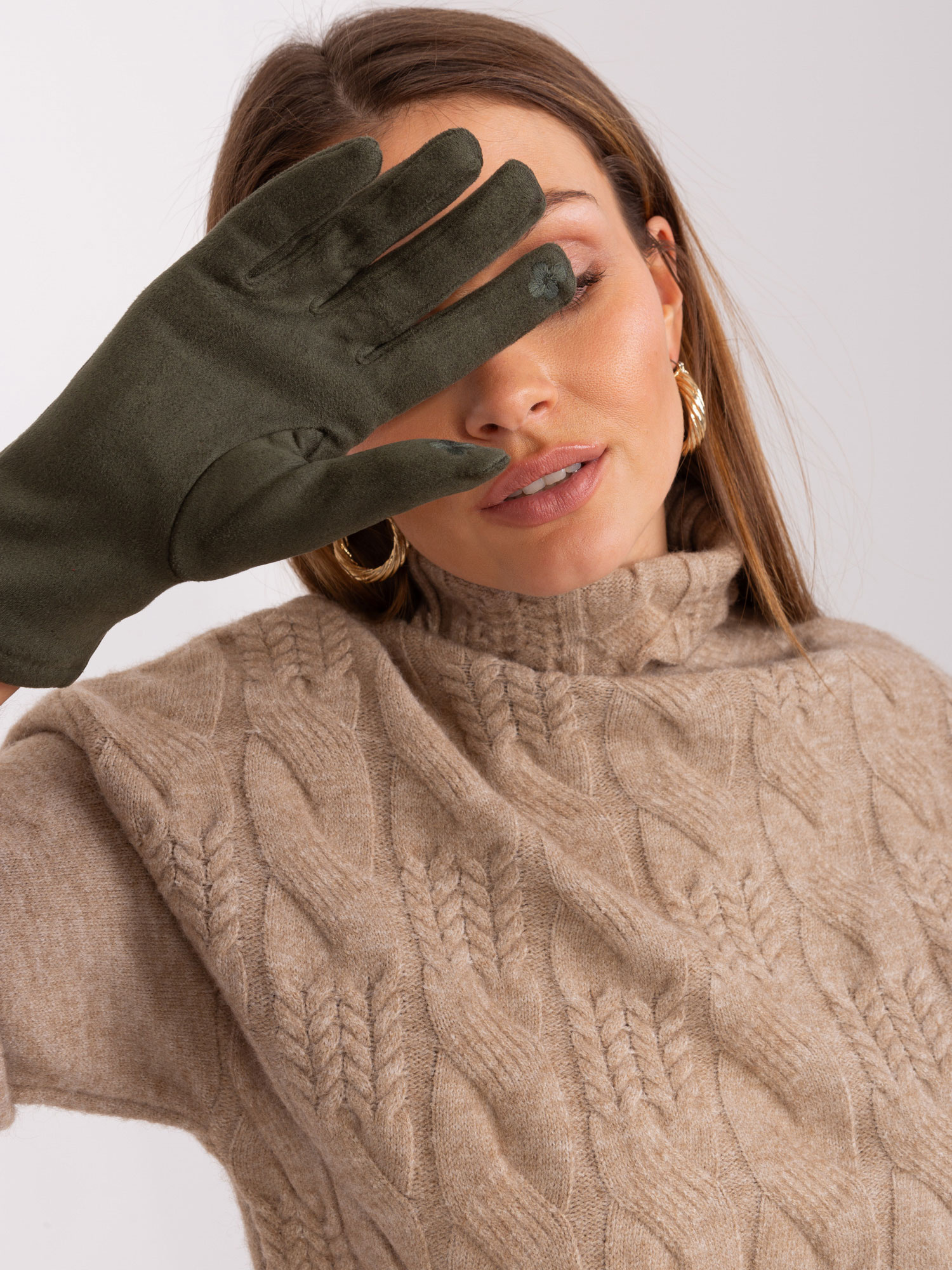 Khaki eleganckie rękawiczki damskie