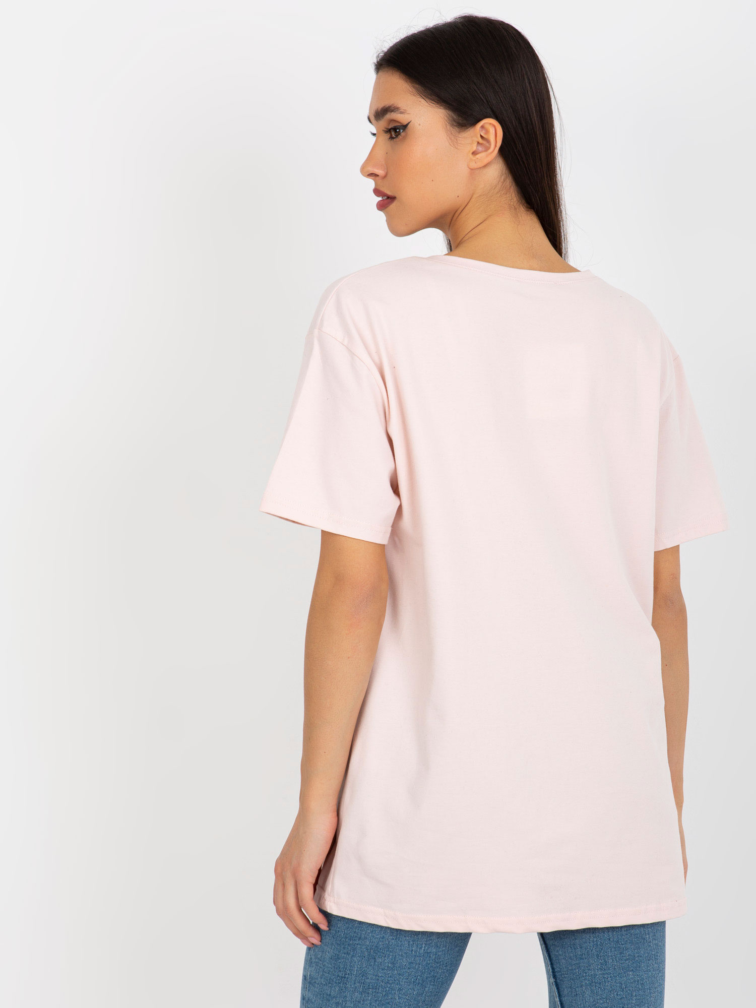 Jasnoróżowy bawełniany t-shirt z nadrukiem