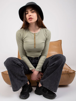 Light green striped blouse with Moxie buttons