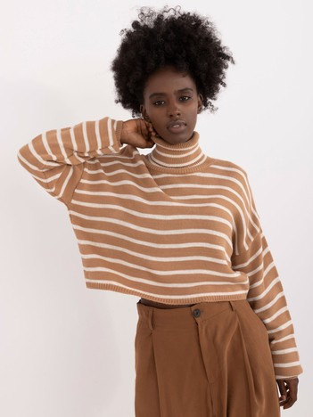 Hurtownia Camelowy krótki sweter golf w paski