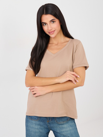 Ciemnobeżowy t-shirt basic z dekoltem V RUE PARIS