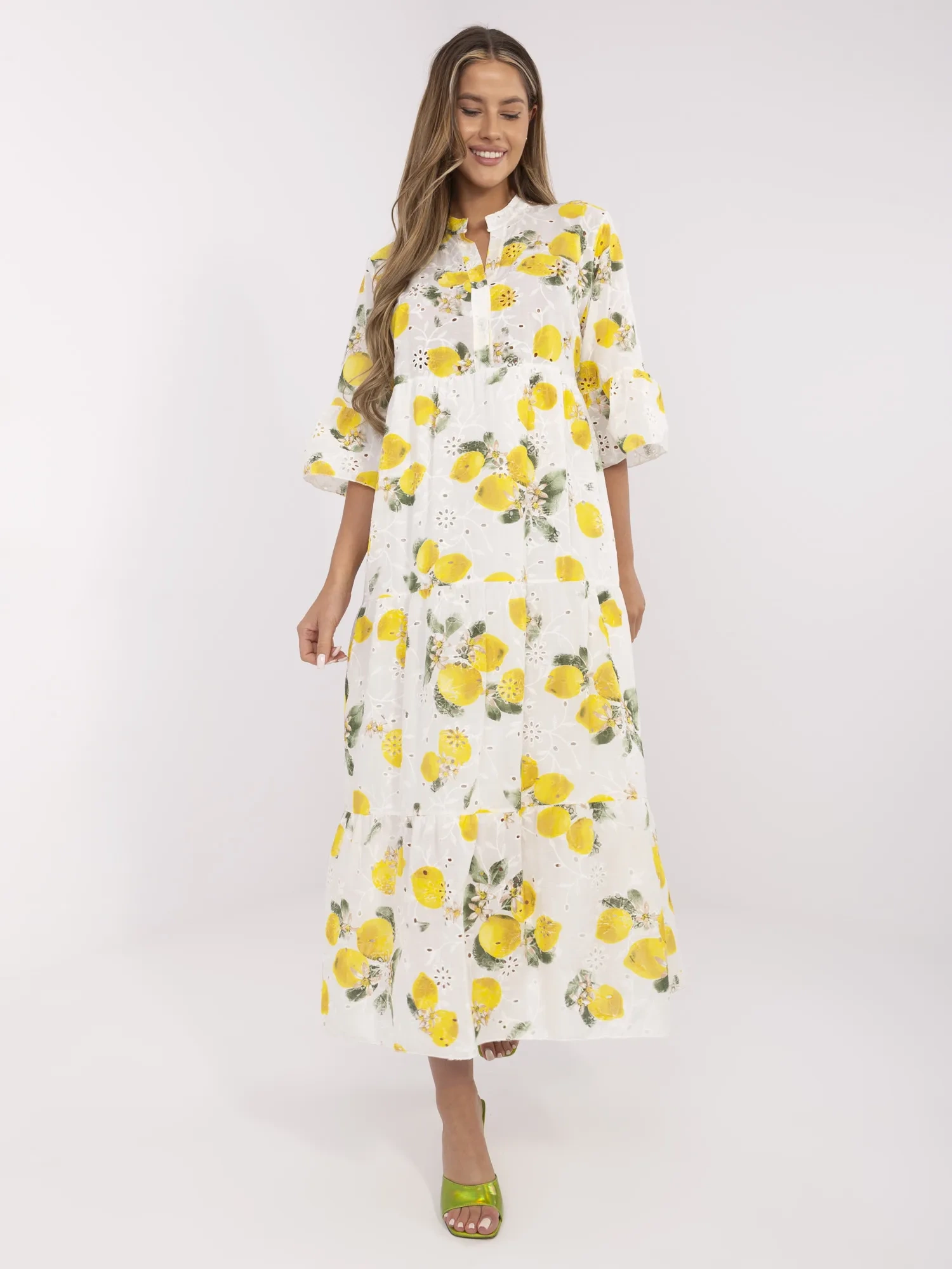 Ecru-yellow oversized maxi dress with ruffle.