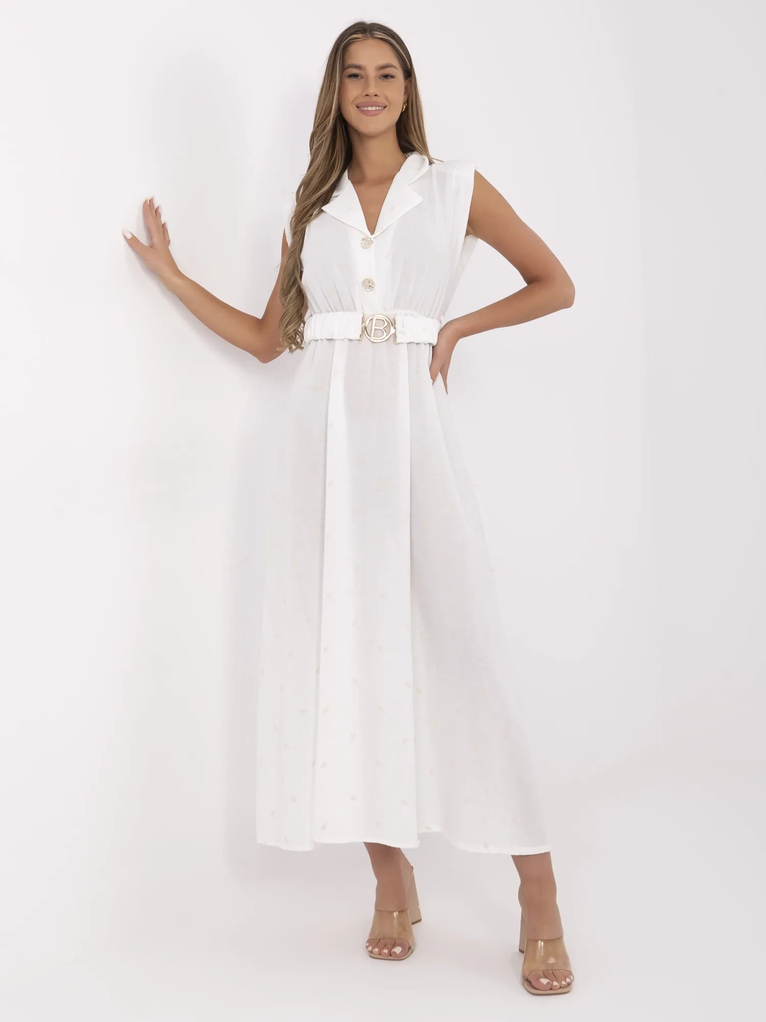 White flared dress with embroidery.