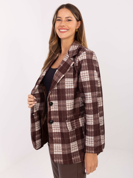 Czekoladowa jednorzędowa marynarka w kratę RUE PARIS